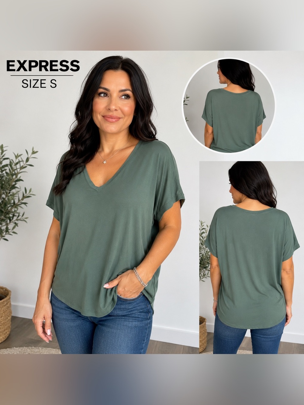 Express Women’s Size S Green V-Neck Dolman Sleeve Relaxed Stretch Top